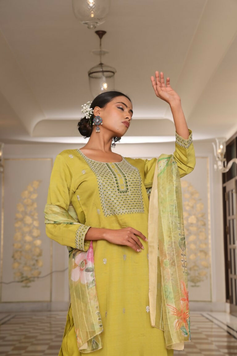 Jyoti Fashion Women's Light Yellow Cotton Silk Floral Print with Embroidered Kurta Set | Grocsy