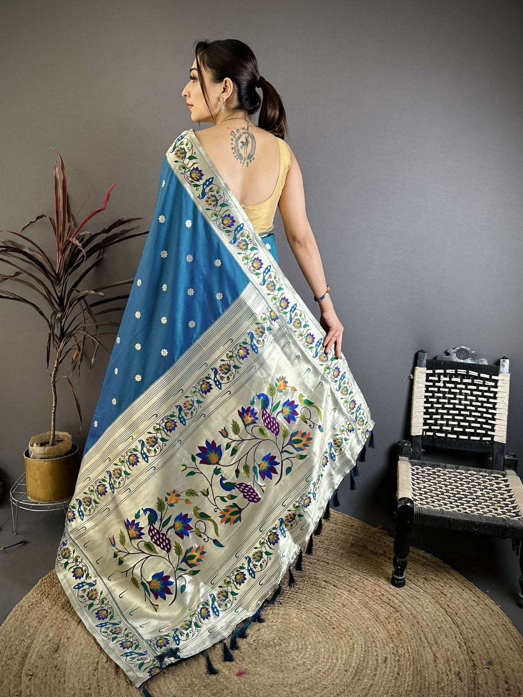 Prime Volt Premium Soft Silk Mayur Paithani Saree with Peacock Meena Weaving & Rich Pallu-Peacock Blue | Grocsy