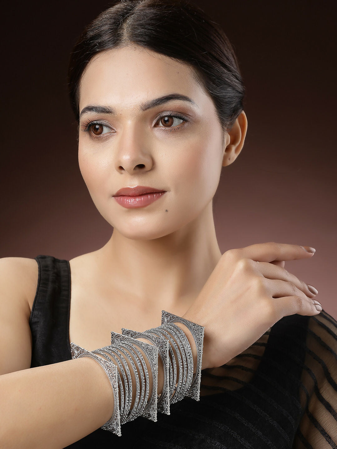 NVR Women's Set of 8 Silver-Toned German Silver Oxidised Bangles | Grocsy