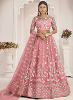 Vegaa Fashion Peach Butterfly Net Embroidered Thread Wedding Lehenga | Grocsy