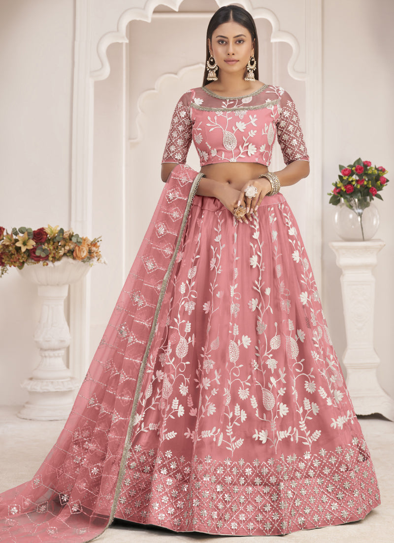 Vegaa Fashion Peach Butterfly Net Embroidered Thread Wedding Lehenga | Grocsy