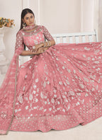 Vegaa Fashion Peach Butterfly Net Embroidered Thread Wedding Lehenga | Grocsy