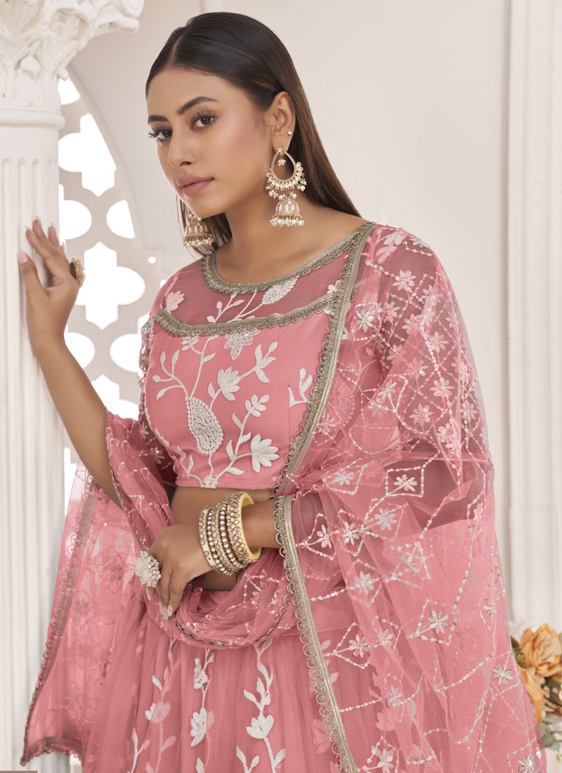 Vegaa Fashion Peach Butterfly Net Embroidered Thread Wedding Lehenga | Grocsy