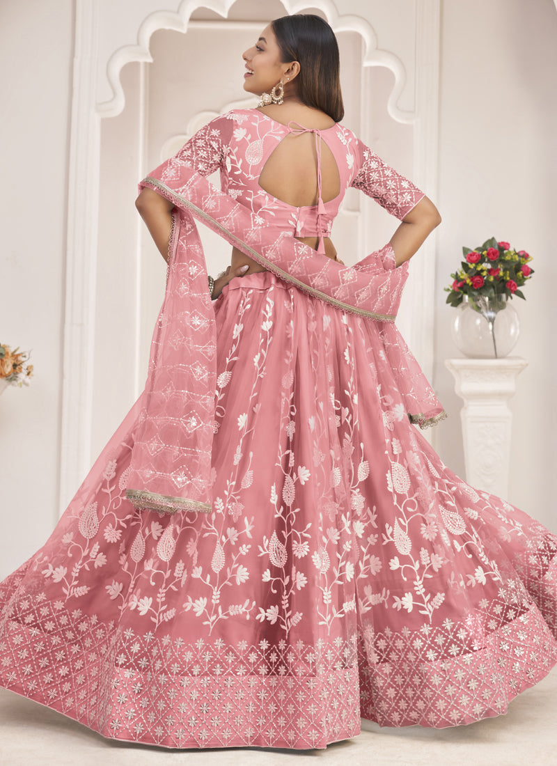 Vegaa Fashion Peach Butterfly Net Embroidered Thread Wedding Lehenga | Grocsy