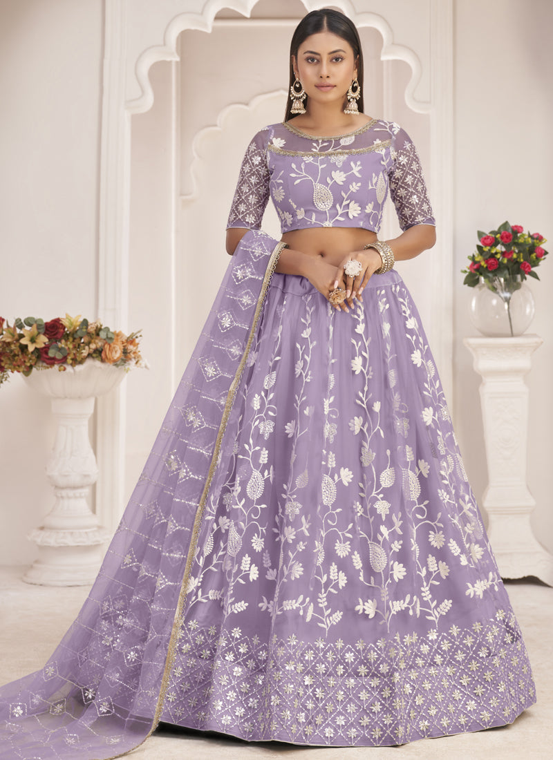 Vegaa Fashion Lavender Butterfly Net Embroidered Thread Wedding Lehenga | Grocsy