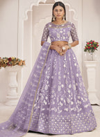Vegaa Fashion Lavender Butterfly Net Embroidered Thread Wedding Lehenga | Grocsy