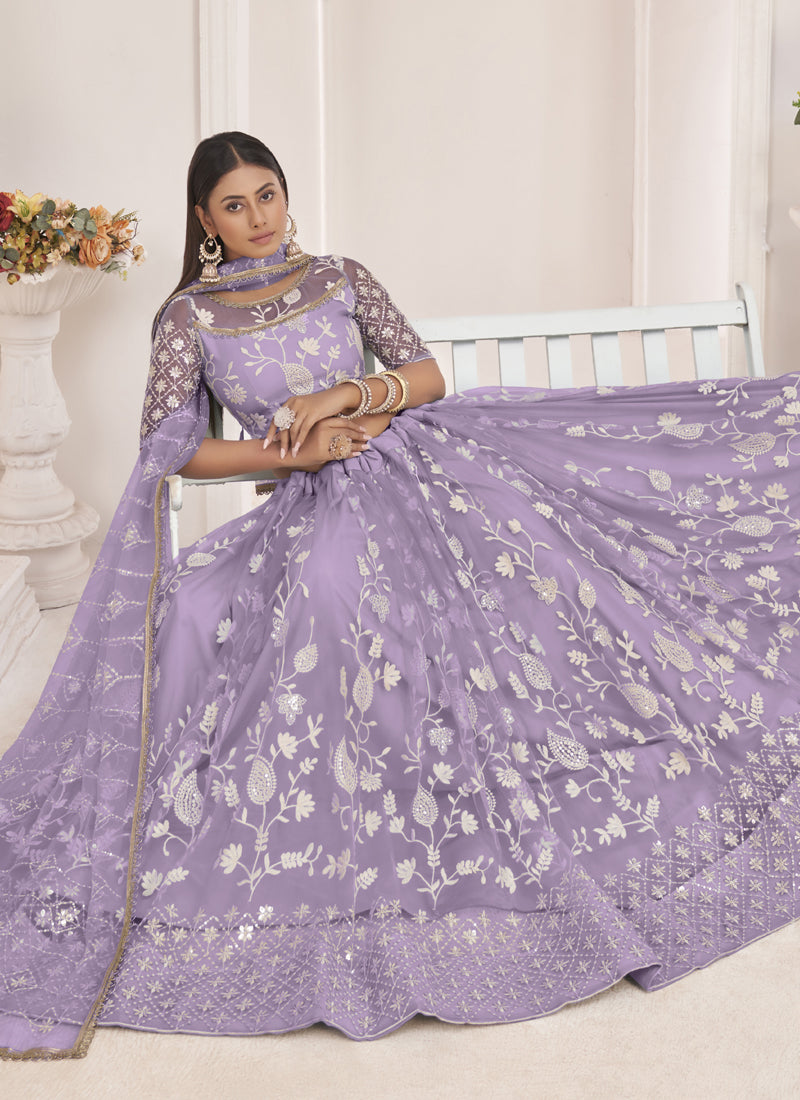 Vegaa Fashion Lavender Butterfly Net Embroidered Thread Wedding Lehenga | Grocsy