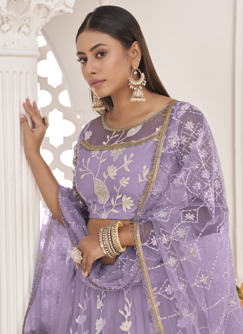 Vegaa Fashion Lavender Butterfly Net Embroidered Thread Wedding Lehenga | Grocsy