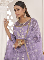 Vegaa Fashion Lavender Butterfly Net Embroidered Thread Wedding Lehenga | Grocsy