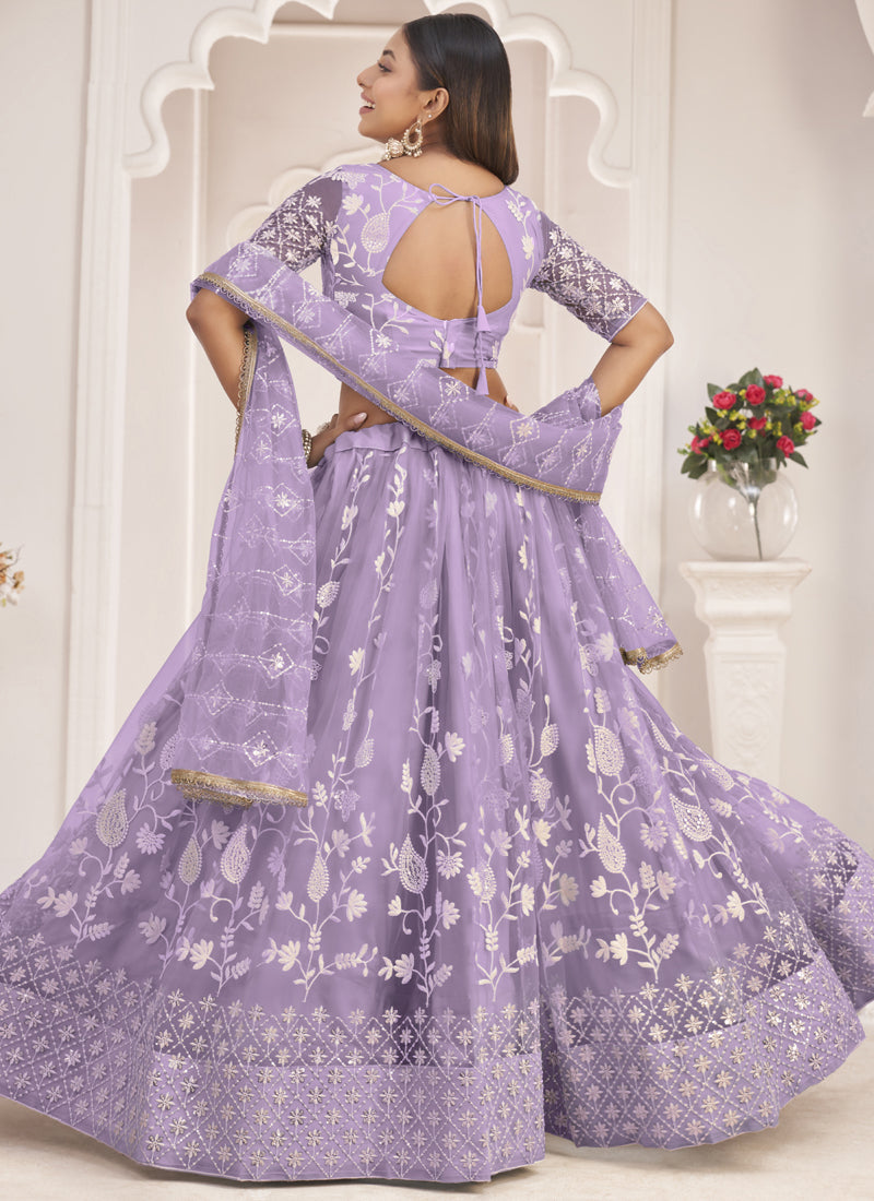 Vegaa Fashion Lavender Butterfly Net Embroidered Thread Wedding Lehenga | Grocsy