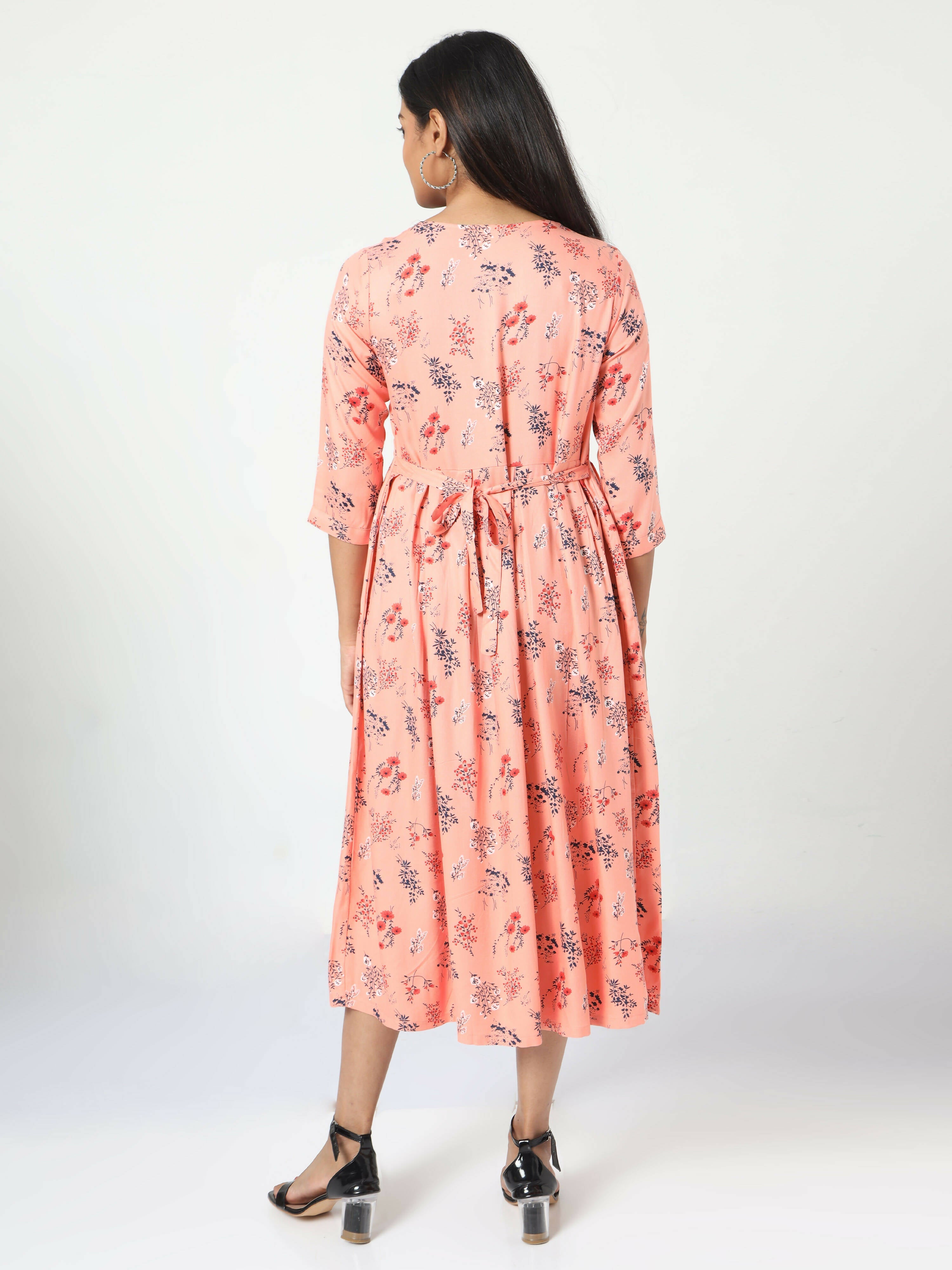 Manet Three Fourth Maternity Dress Floral Print With Concealed Zipper Nursing Access - Orange | Grocsy