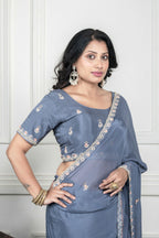 Morchari Grey Chiffon Hand Embroidery Saree And Stitched Blouse | Grocsy