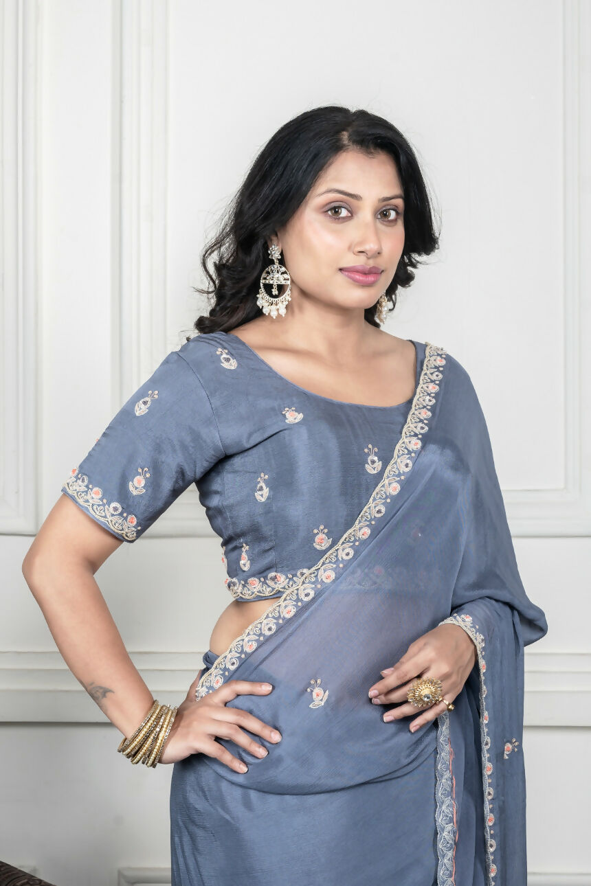 Morchari Grey Chiffon Hand Embroidery Saree And Stitched Blouse | Grocsy