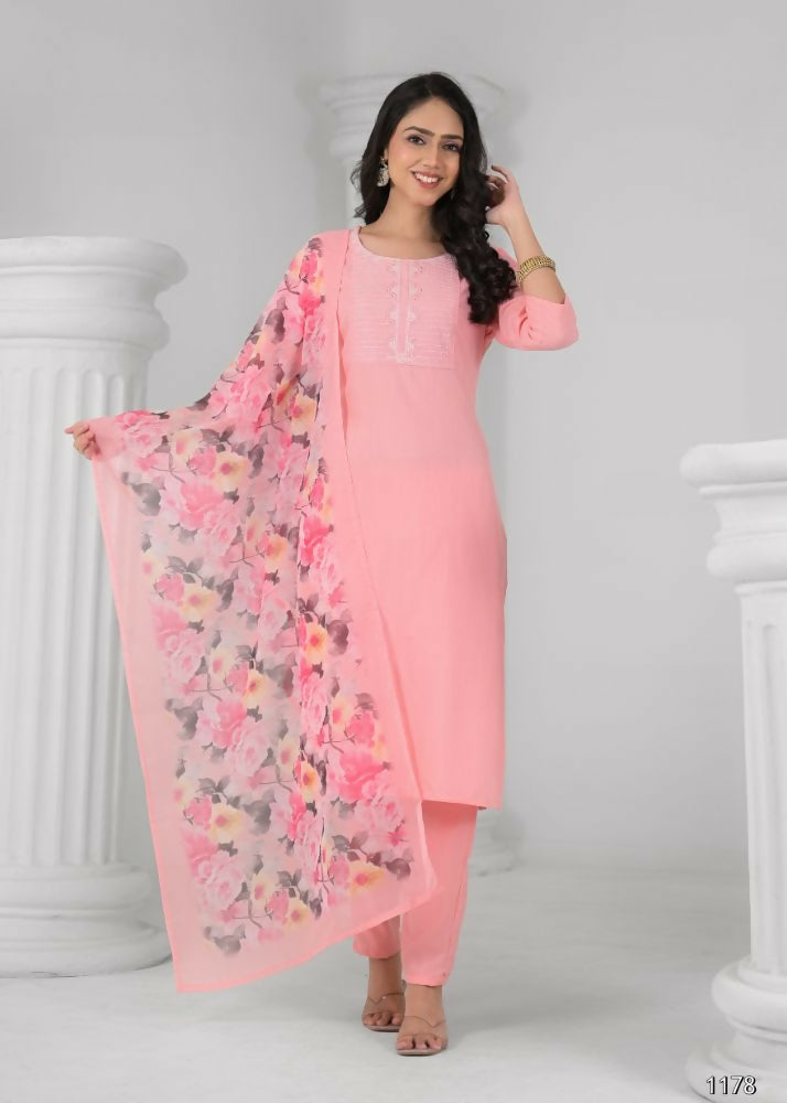 Ethnic Festive Wear Reyon Baby Pink Stitched Suit With Dupatta - Tanisha | Grocsy