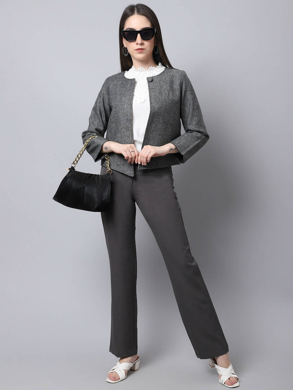 Even Apparels Black Pure Wool Open Front Statement Women's Jacket | Grocsy