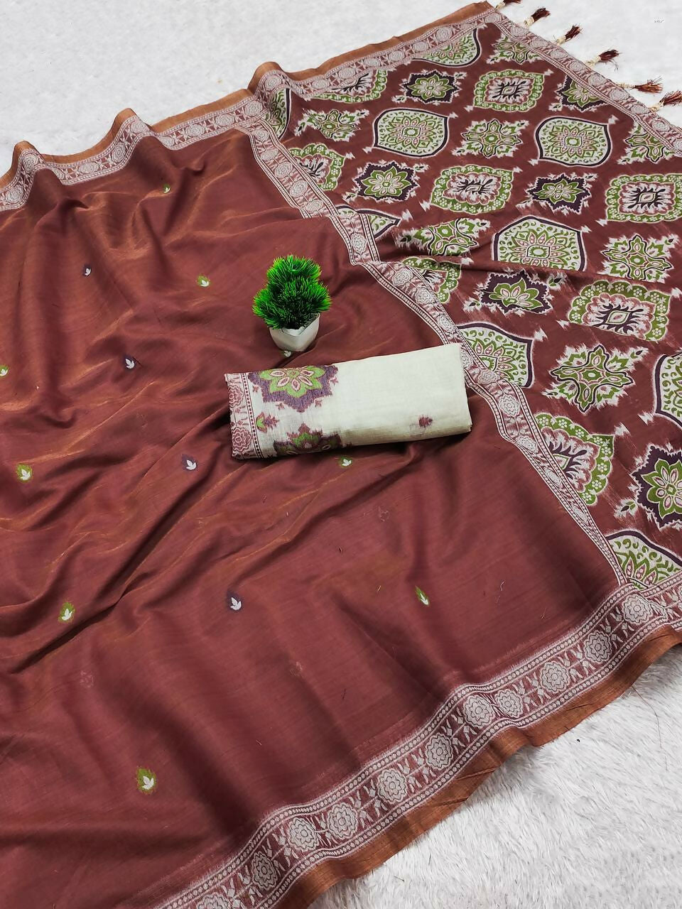 Vastranavya Maroon Muga Cotton Meenakari & Azarakh Pallu Saree with Contrast Blouse | Grocsy