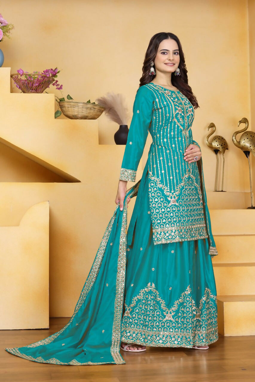 Teeya Creation Teal Color Natural Crepe Silk Wedding Wear Trending Palazzo Set | Grocsy
