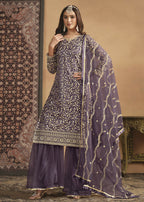 Net Dusty Purple Embroidered Festive Gharara Style Suit - Emponline | Grocsy