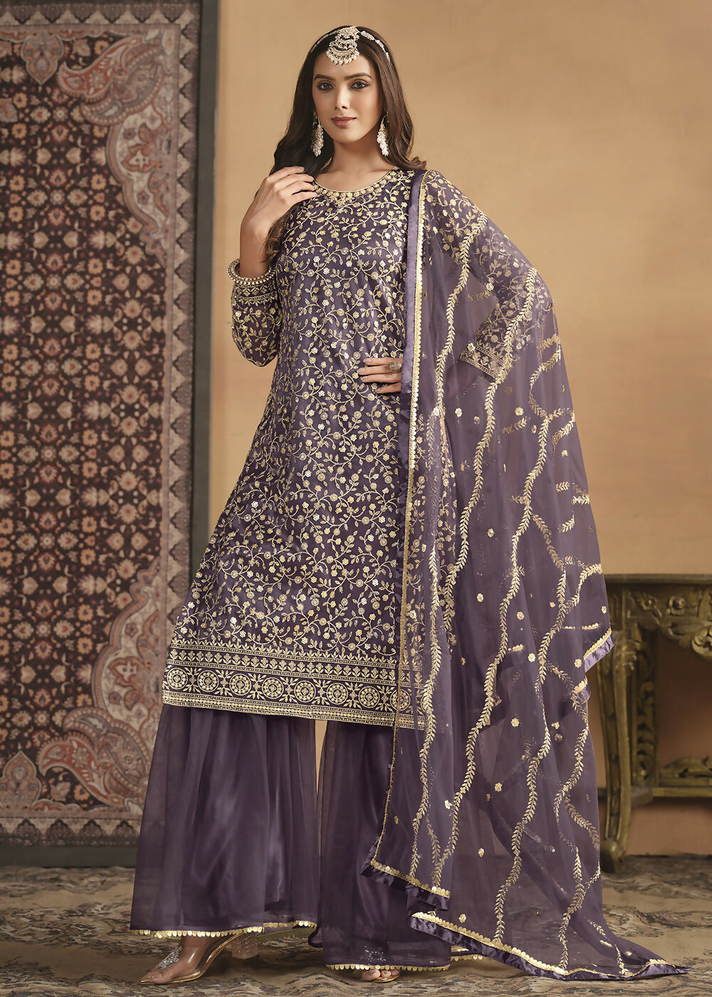 Net Dusty Purple Embroidered Festive Gharara Style Suit - Emponline | Grocsy