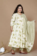 Miravan Women's Plus Size Green Printed Anarkali Kurta With Palazzo And Dupatta | Grocsy