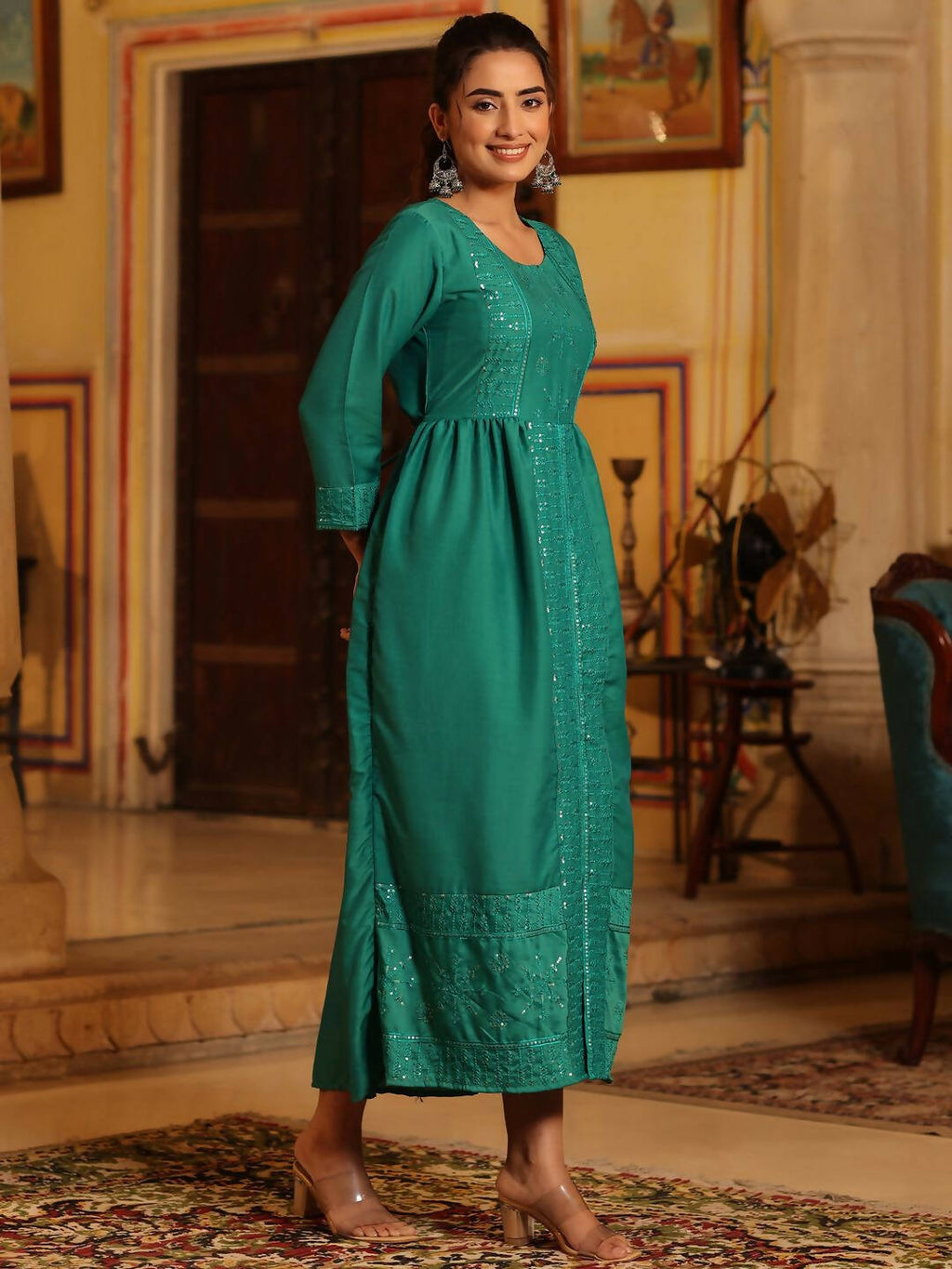 Juniper Women's Teal Festive Embroiderd Flared Dress | Grocsy