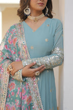 Joban Fashion Sky Blue Georgette Sequence Embroidery Work Kurta Set | Grocsy
