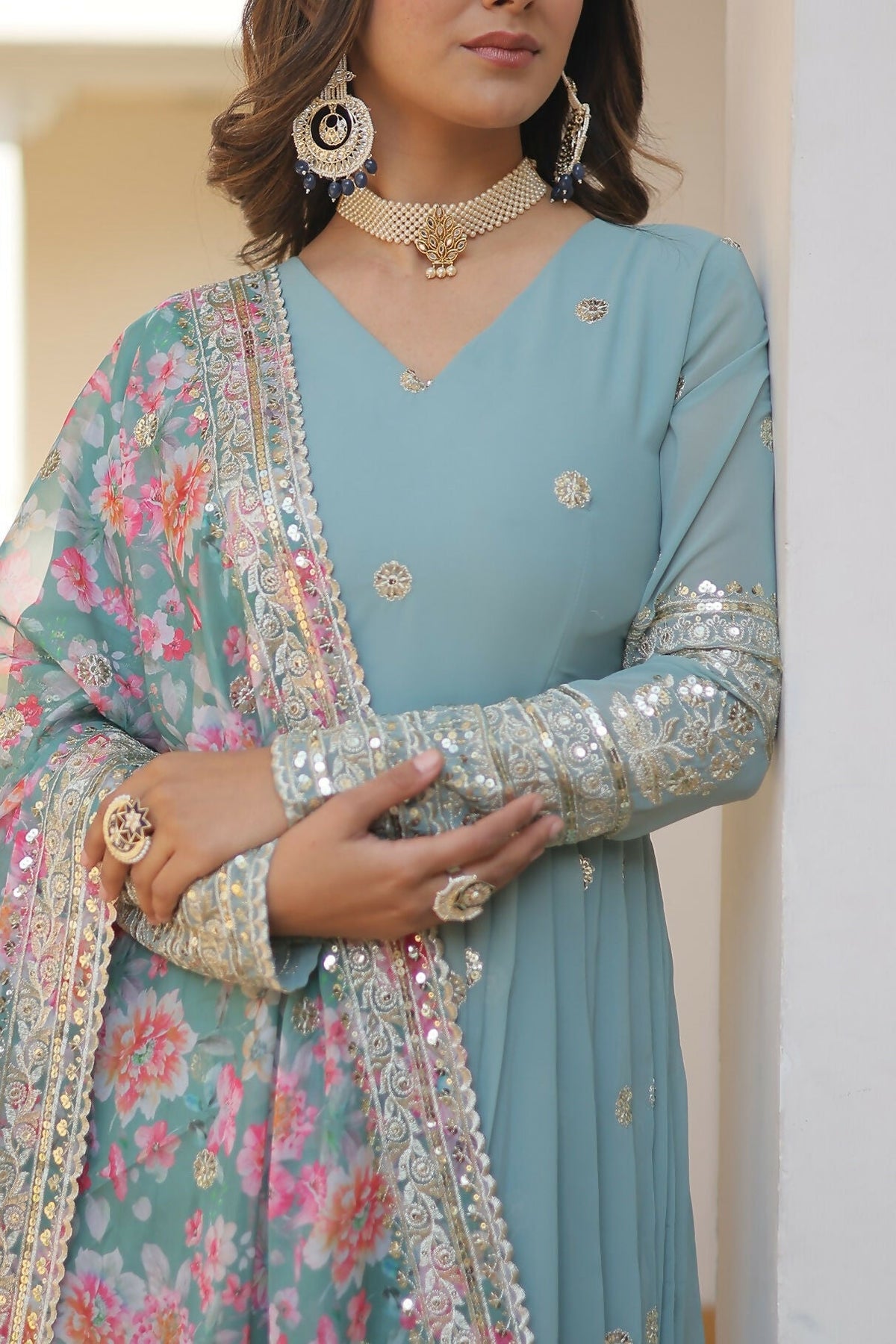 Joban Fashion Sky Blue Georgette Sequence Embroidery Work Kurta Set | Grocsy