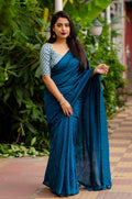 Blue Jute Silk Woven Design Saree with Unstitched Blouse - A2M | Grocsy