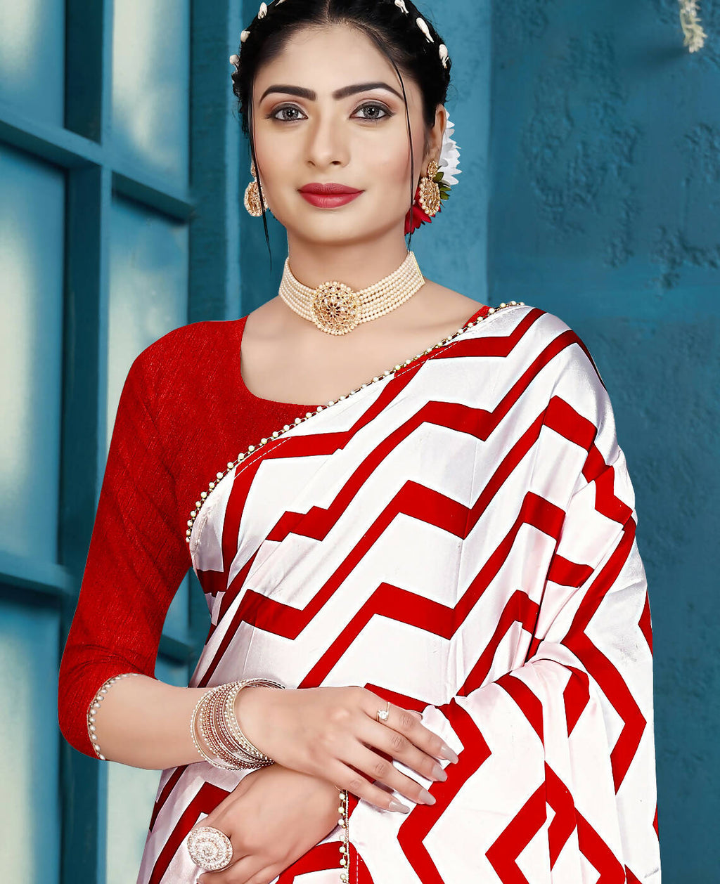 Red Japan Satin Stripe Printed Saree With Unstitched Blouse Piece - Laavanya | Grocsy