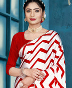 Red Japan Satin Stripe Printed Saree With Unstitched Blouse Piece - Laavanya | Grocsy