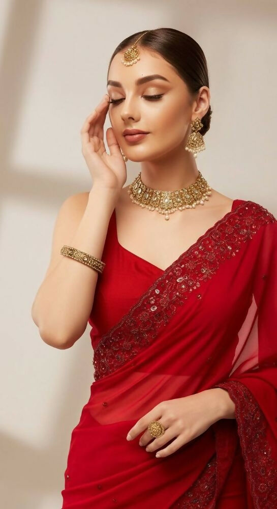 Joban Fashion Red Fandy Satin Silk Party Wear Sarees | Grocsy