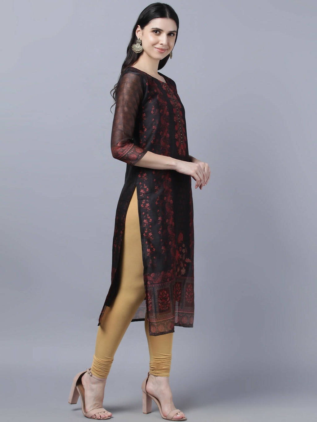 Myshka Women Black Red Floral Printed Chanderi Silk Kurta | Grocsy