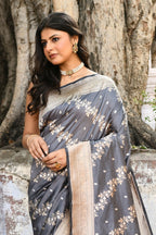 Joban Fashion Silver Grey Pure Katan Pure Handloom Banarasi Silk Saree | Grocsy