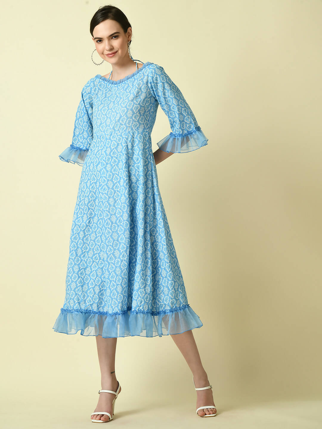 Myshka Women's Blue Empire Printed Dress | Grocsy