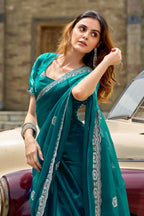Vastranavya Rama Embroidery Work Shimmer Chiffon Saree with Unstitched Blouse | Grocsy