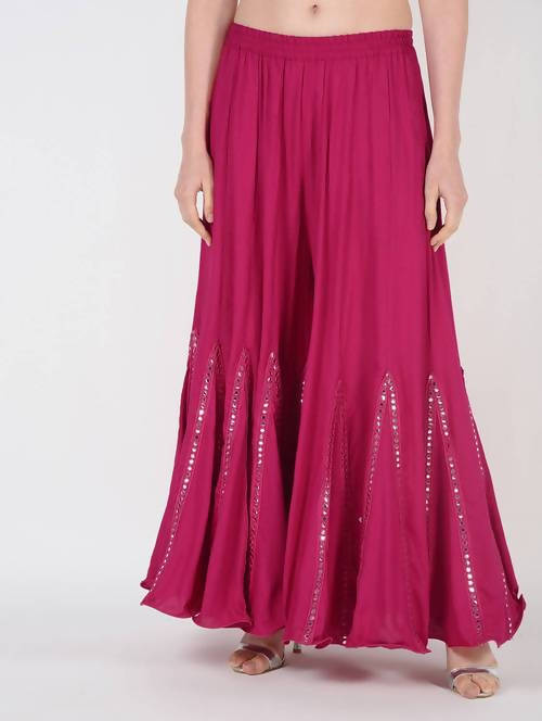 Mominos Fashion Magenta Viscose Rayon Flared Palazzo with Mirror Lace Work | Grocsy