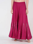 Mominos Fashion Magenta Viscose Rayon Flared Palazzo with Mirror Lace Work | Grocsy