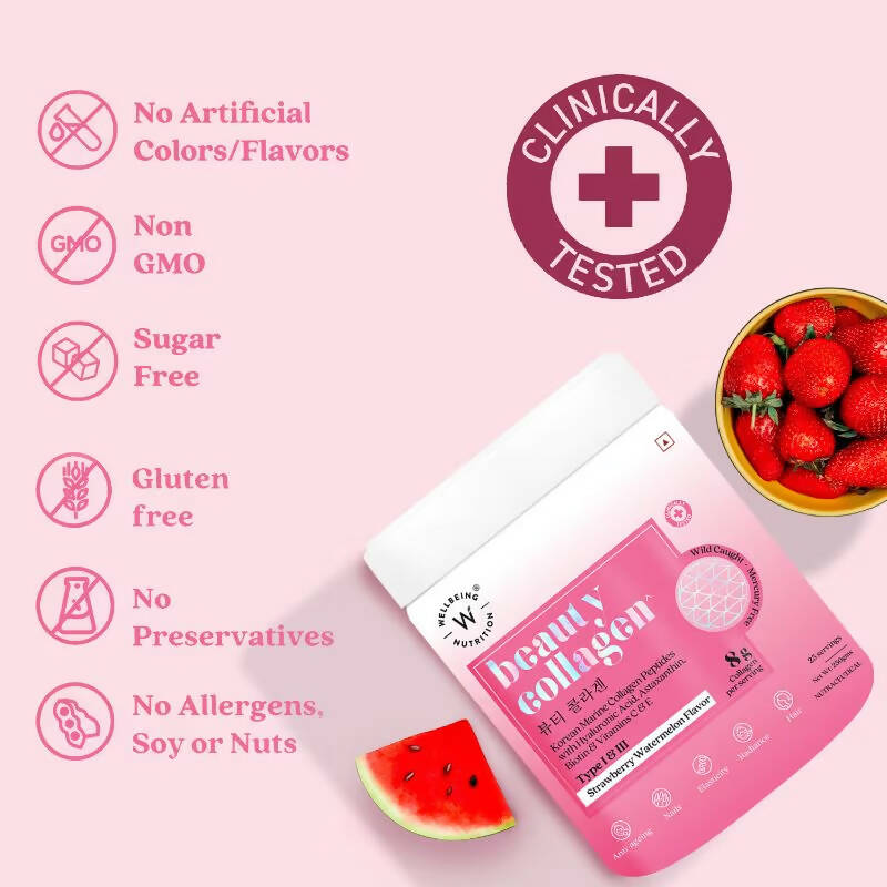 Wellbeing Nutrition Beauty Korean Marine Collagen Peptides - Strawberry & Watermelon | Grocsy