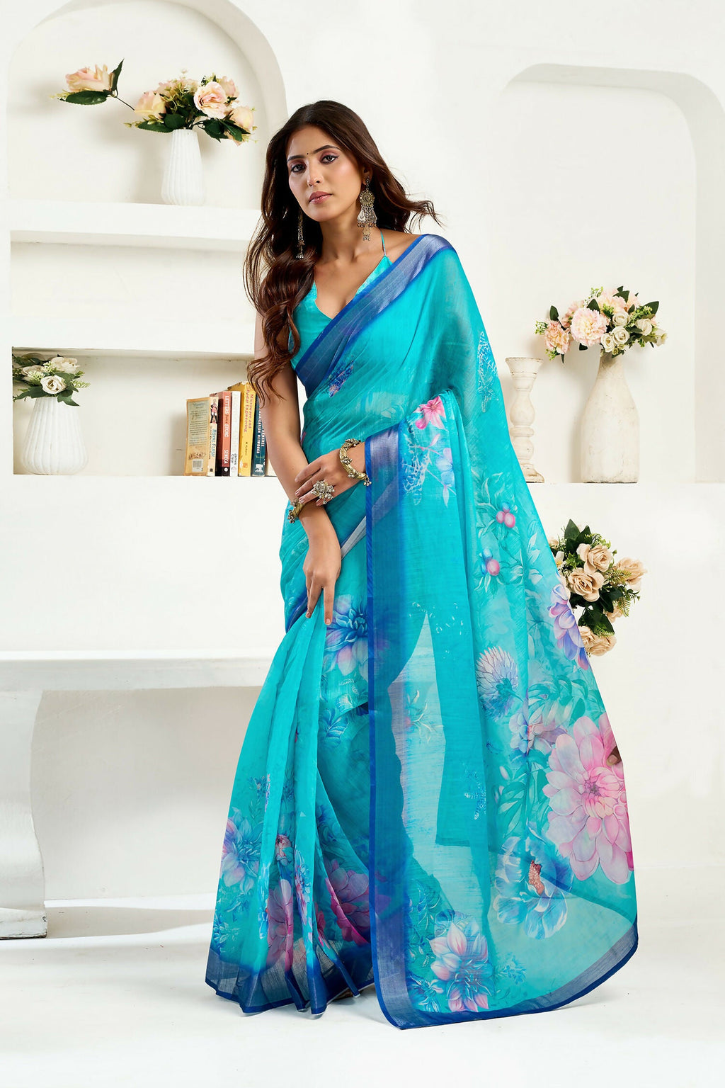Joban Fashion Turquoise  Floral Linen Ready To Wear Saree With Unstitched Blouse | Grocsy