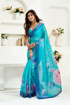 Joban Fashion Turquoise  Floral Linen Ready To Wear Saree With Unstitched Blouse | Grocsy