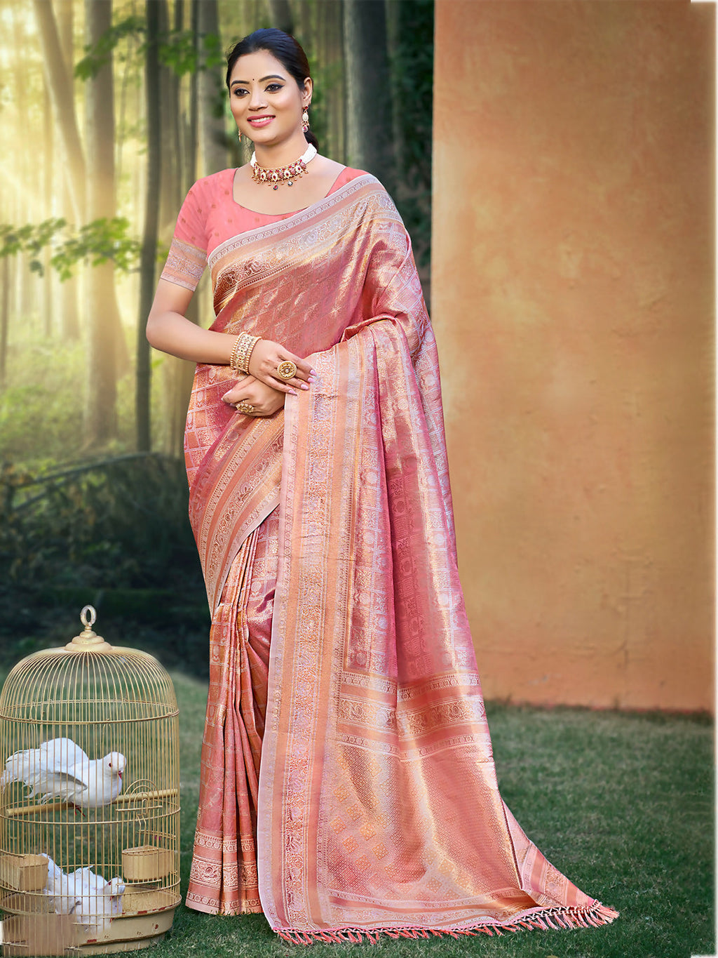 Sangam Prints Pastel Pink Kanjivaram Silk Woven Work Traditional Saree | Grocsy