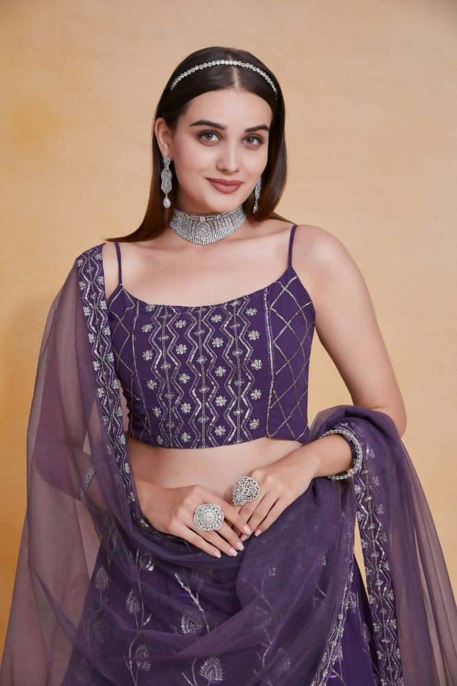 Purple Zari Sequence Embroidery Georgette Lehenga Choli - Jihu Culture | Grocsy