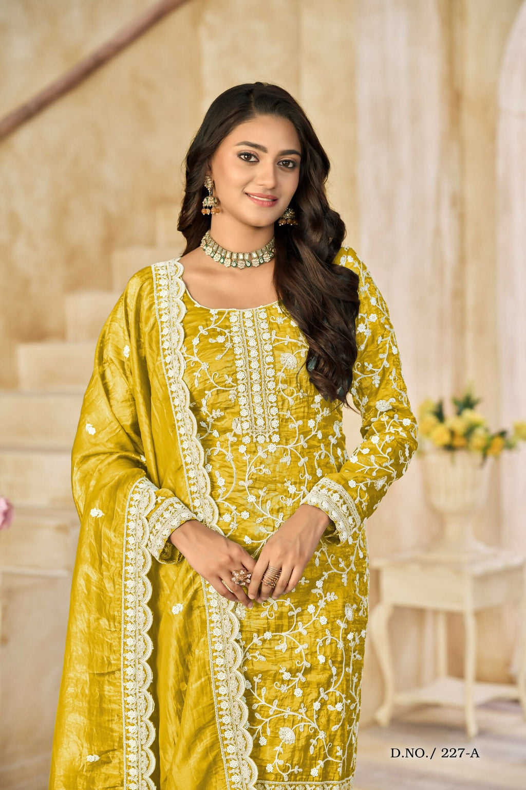 Anaita Yellow Organza Crush Stitched Suit with Embroidery Work | Grocsy