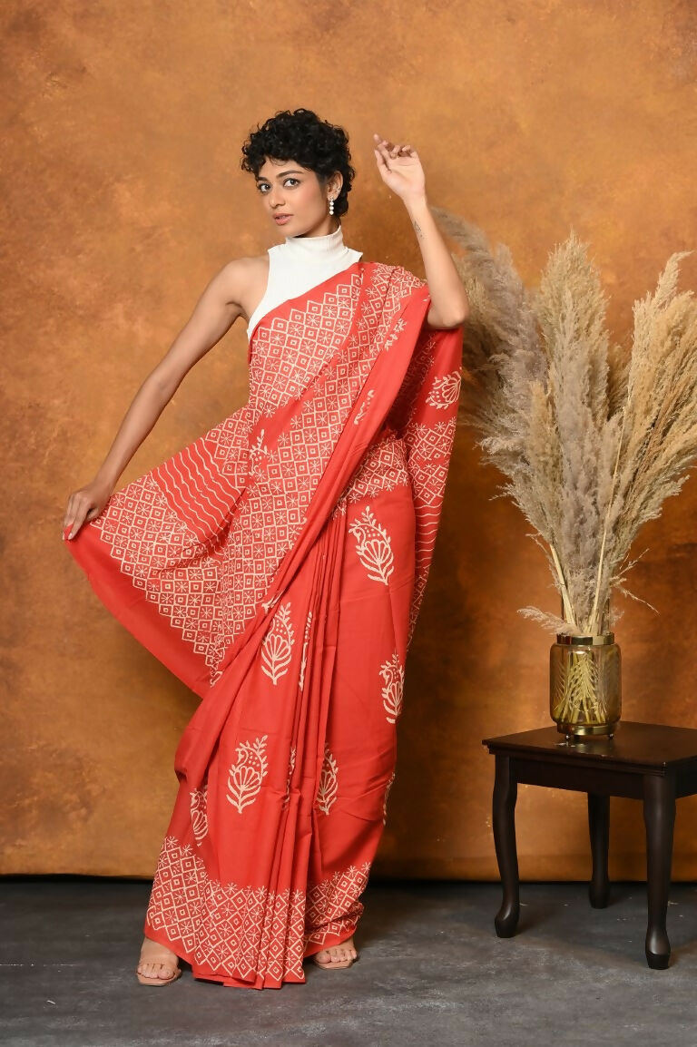 Very Much Indian Handblock Printed Cotton Saree With Natural Dyes - Orange | Grocsy
