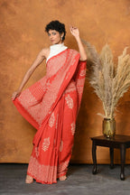 Very Much Indian Handblock Printed Cotton Saree With Natural Dyes - Orange | Grocsy