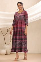 Juniper Purple muslin maxi dress with ethnic motif print with sequins & beads work | Grocsy