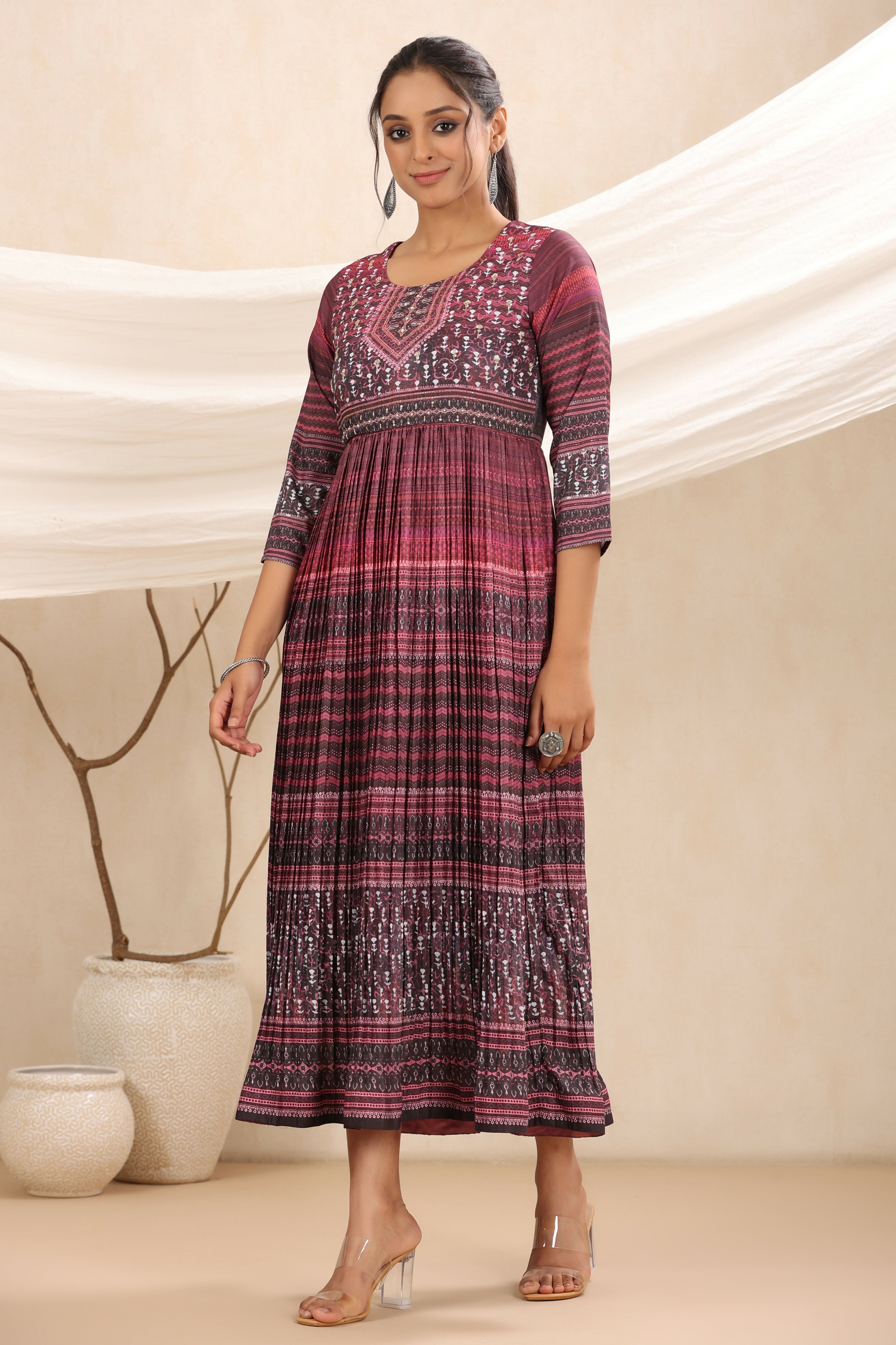 Juniper Purple muslin maxi dress with ethnic motif print with sequins & beads work | Grocsy