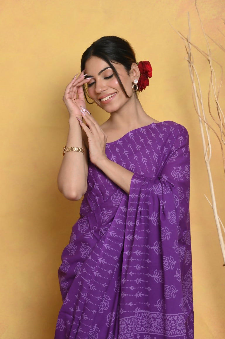 Very Much Indian Handblock Printed Cotton Saree With Natural Dyes - Purple | Grocsy