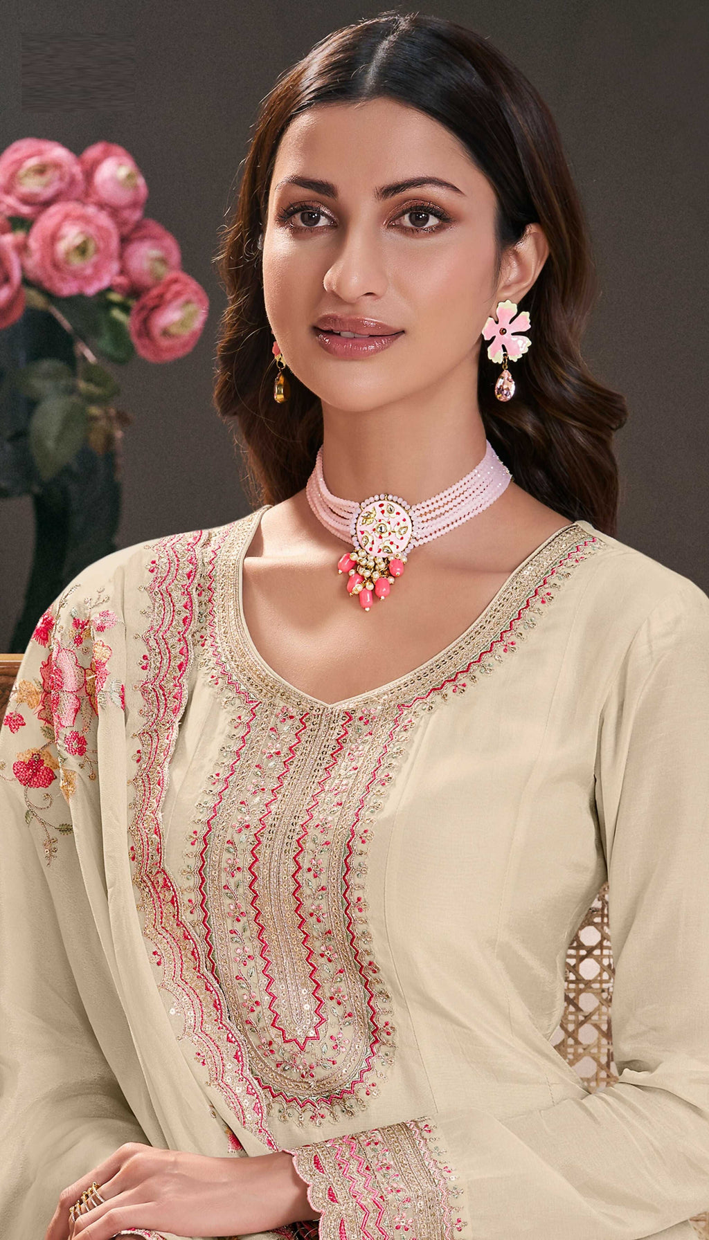 Anaita Cream Embroidered Work Silk Stitched Anarkali Suit | Grocsy