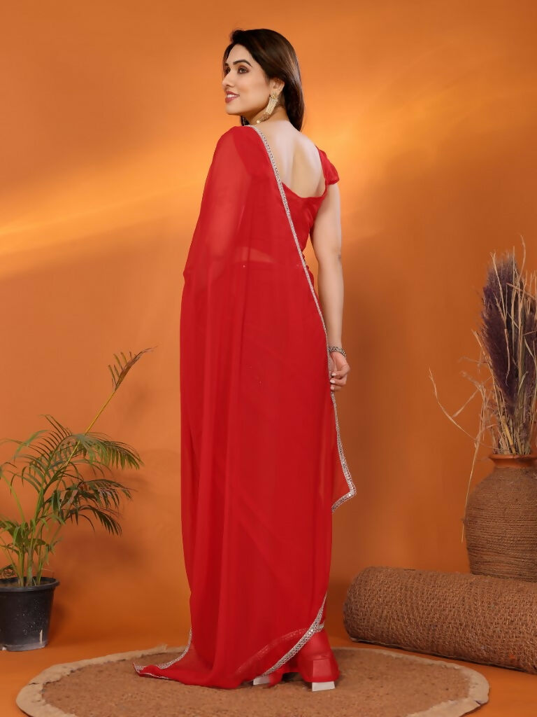 Designer Partywear Red Georgette Fancy Saree - Durga | Grocsy